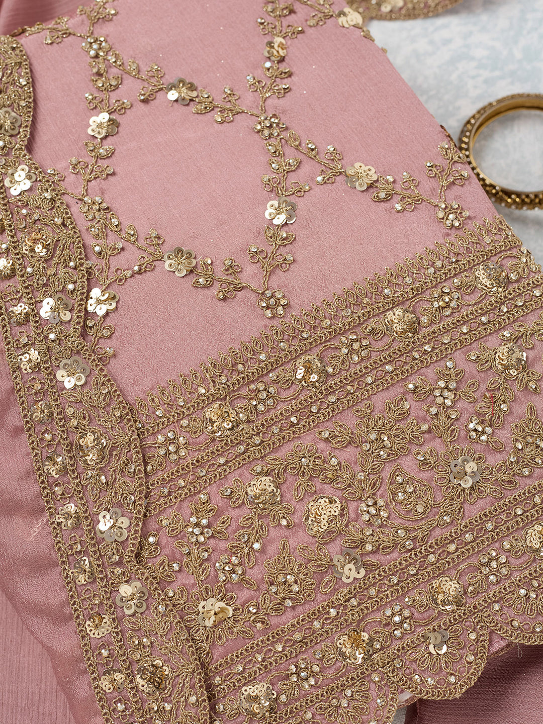 Onion Pink Zariwork (Gold) Chinon Unstitched Salwar Suit