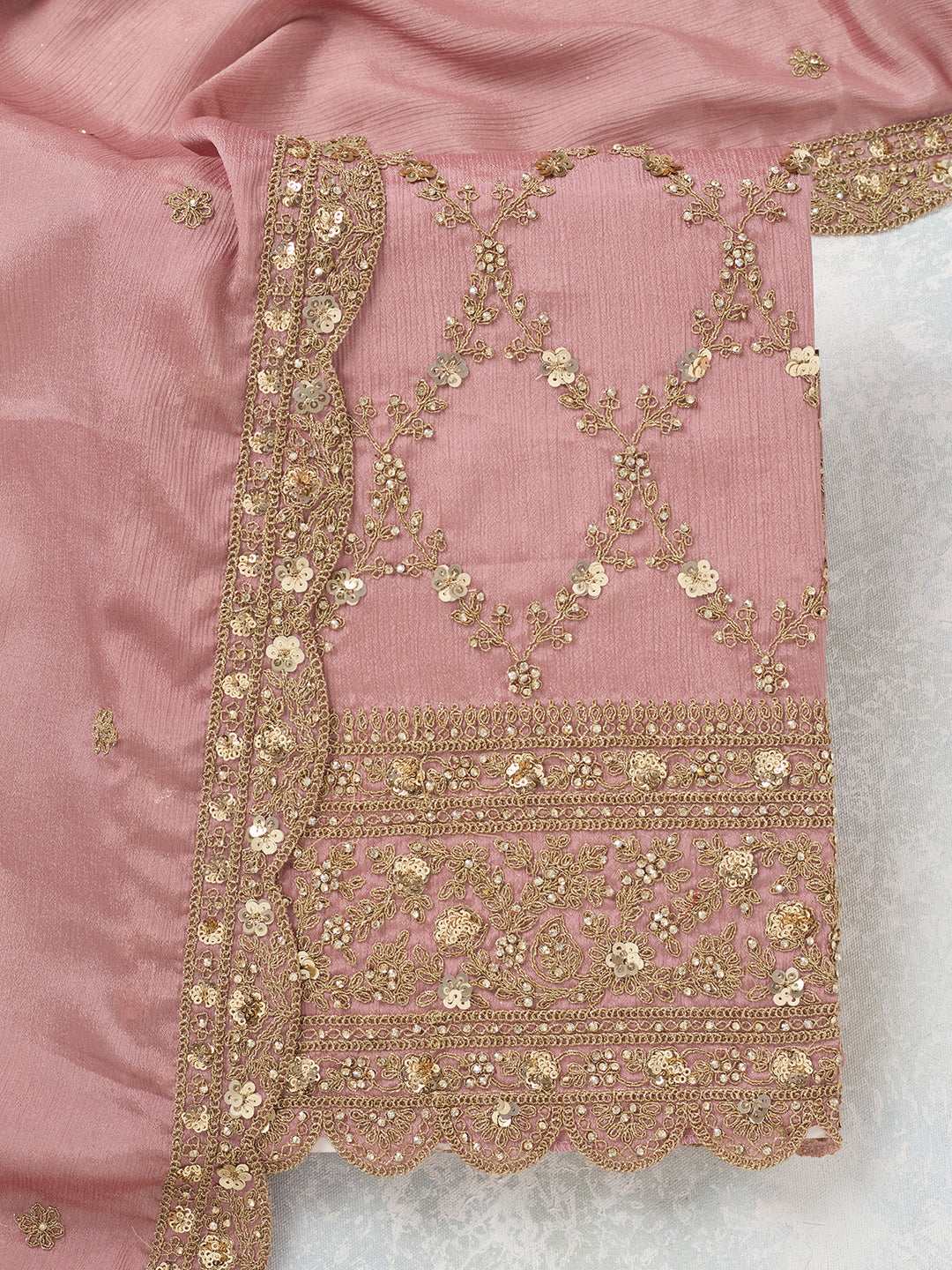 Onion Pink Zariwork (Gold) Chinon Unstitched Salwar Suit