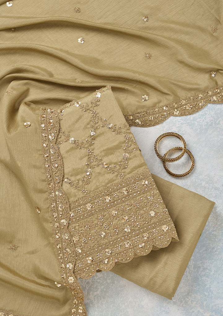 Pista Green Zariwork (Gold) Chinon Unstitched Salwar Suit