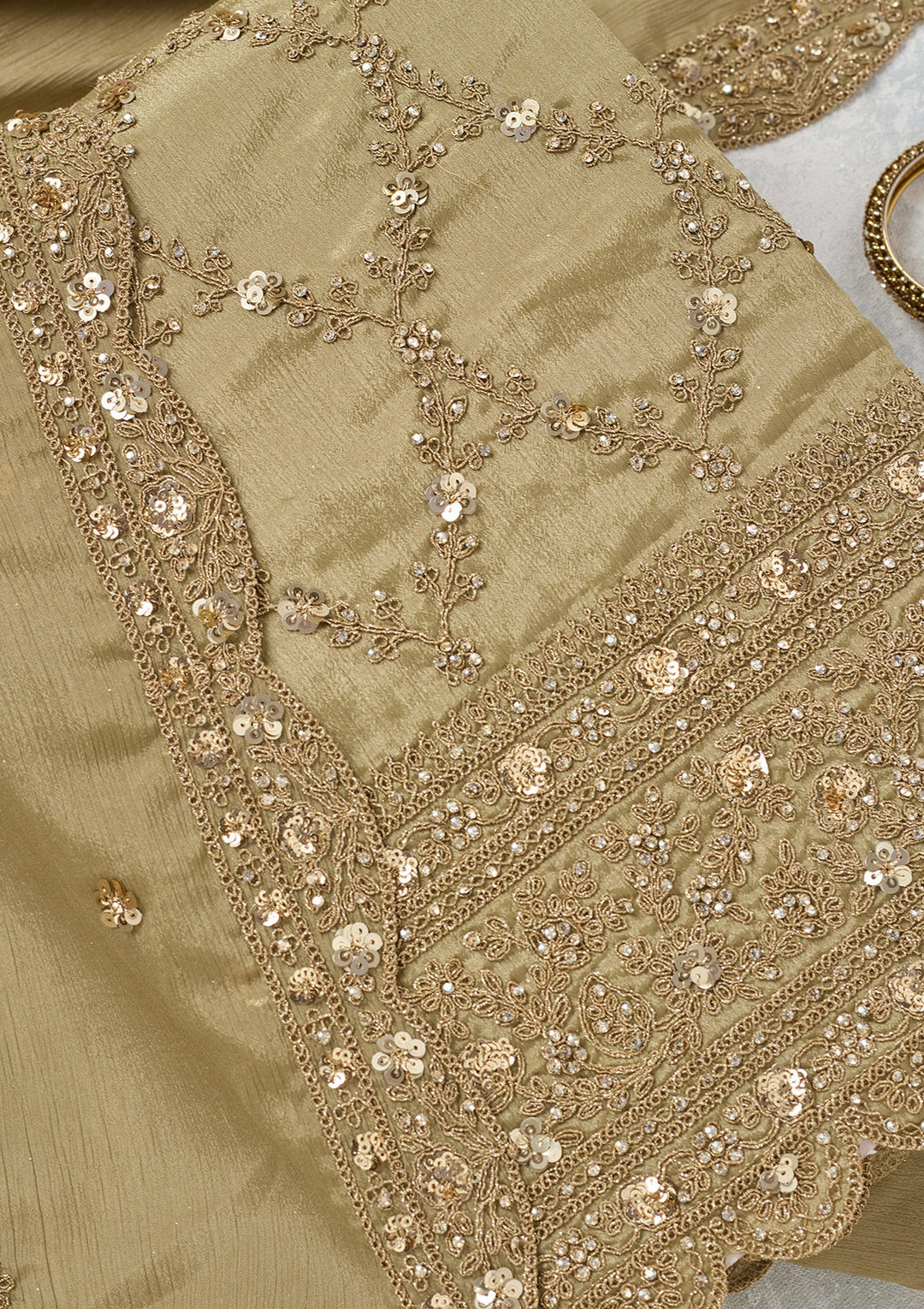 Pista Green Zariwork (Gold) Chinon Unstitched Salwar Suit