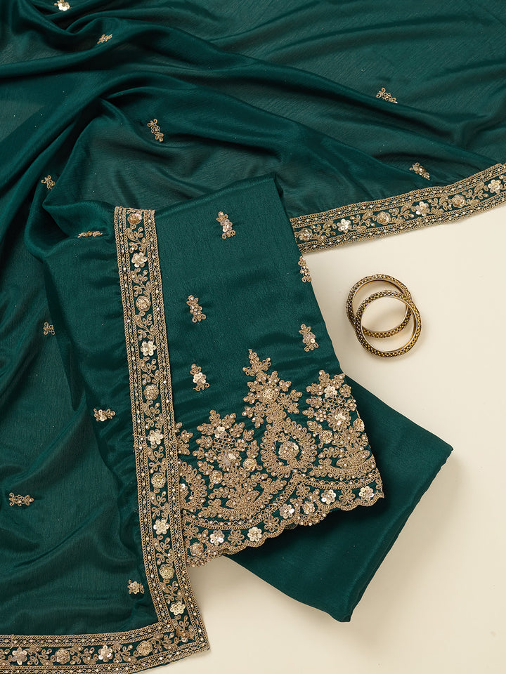Peacock Green Zariwork (Gold) Chinon Unstitched Salwar Suit