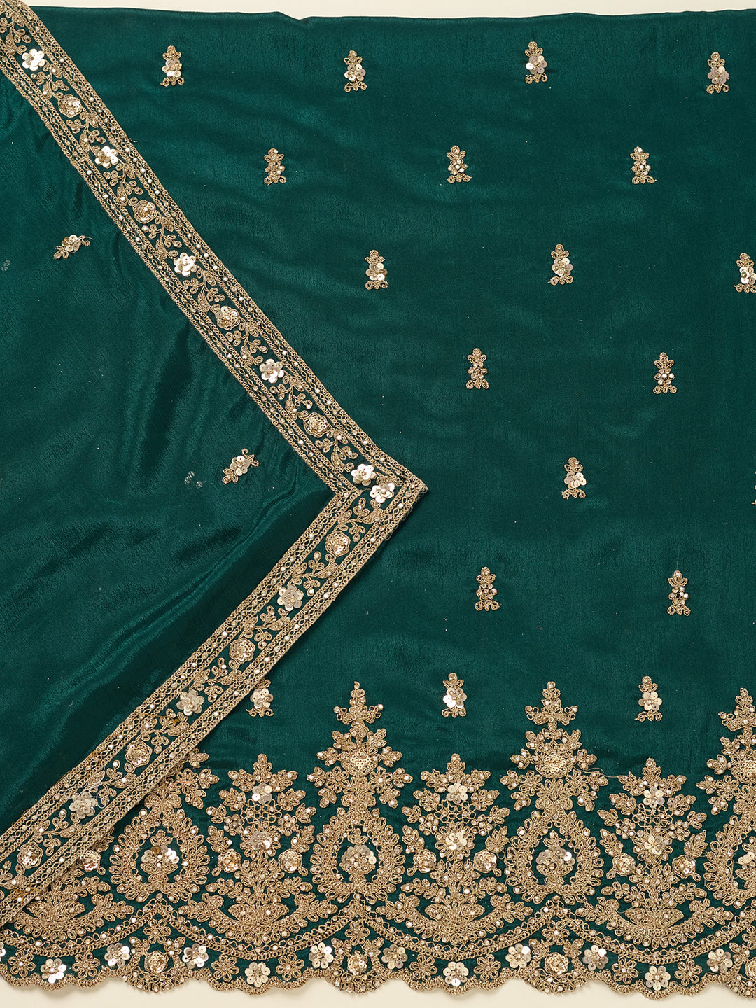 Peacock Green Zariwork (Gold) Chinon Unstitched Salwar Suit