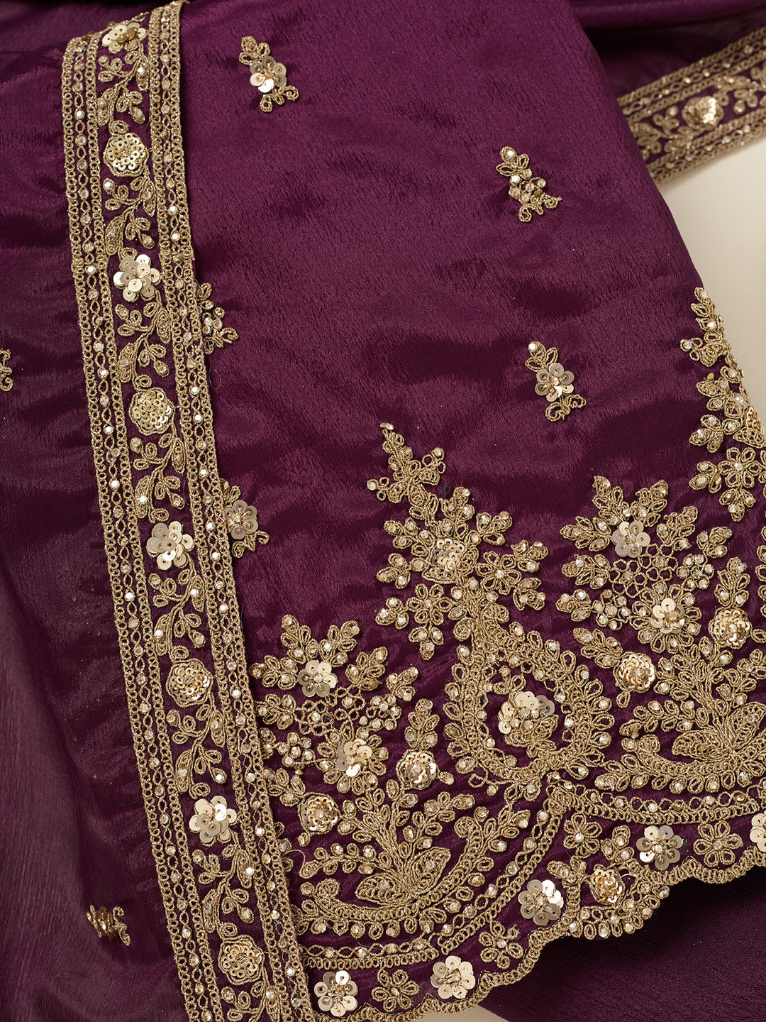 Purple Zariwork (Gold) Chinon Unstitched Salwar Suit