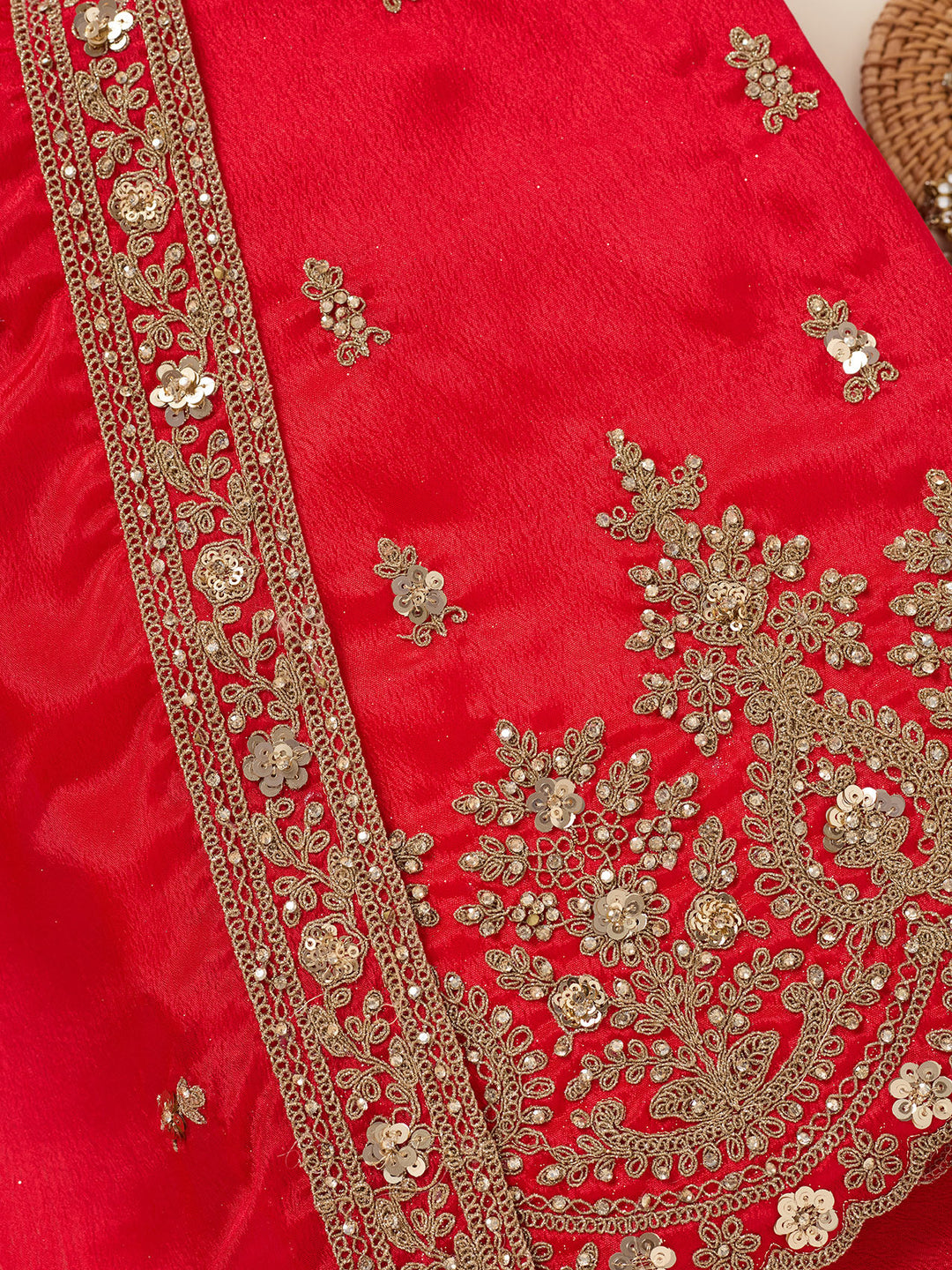 Red Zariwork (Gold) Chinon Unstitched Salwar Suit