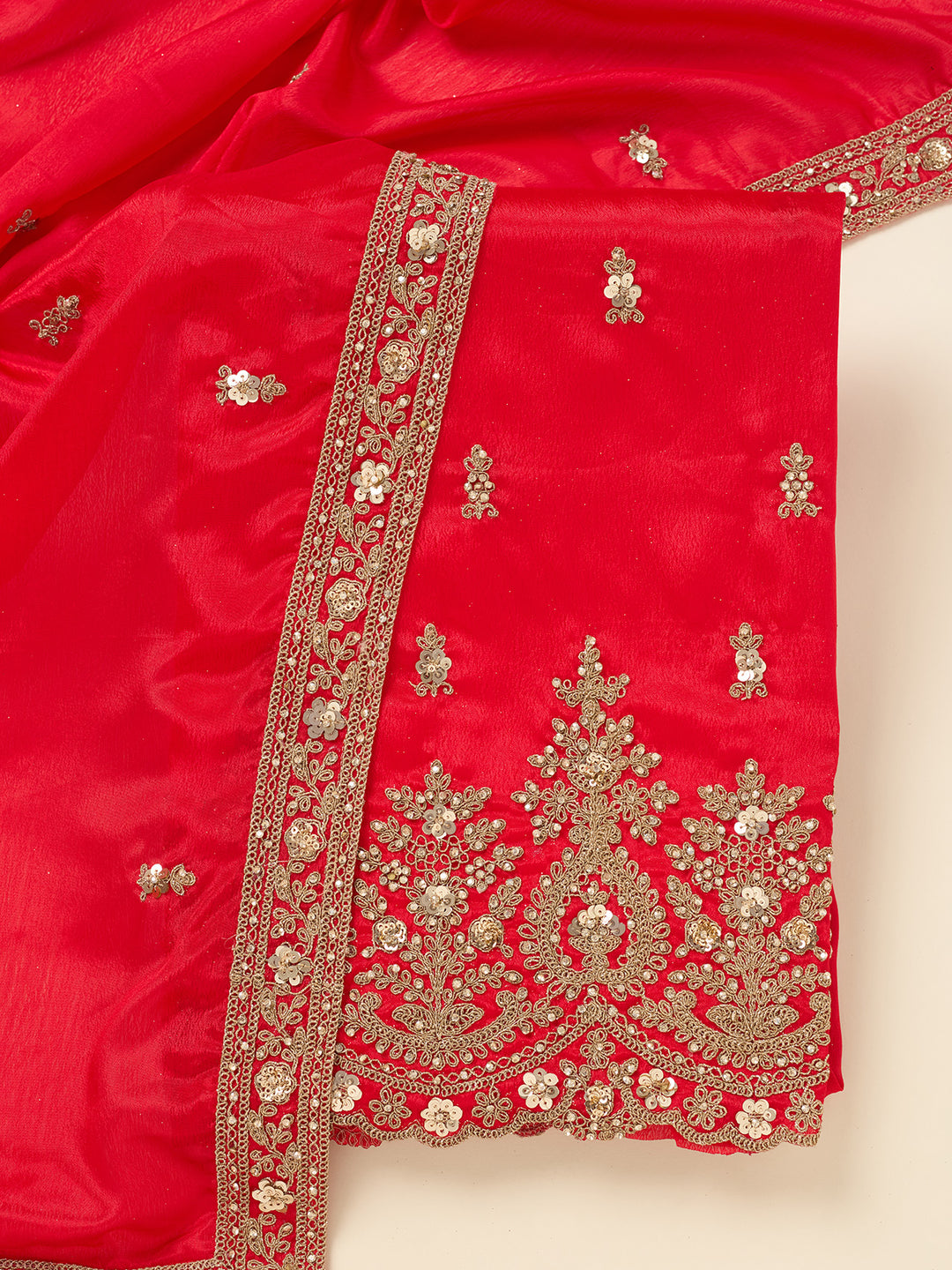 Red Zariwork (Gold) Chinon Unstitched Salwar Suit