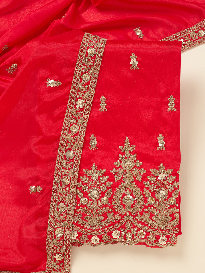 Red Zariwork (Gold) Chinon Unstitched Salwar Suit