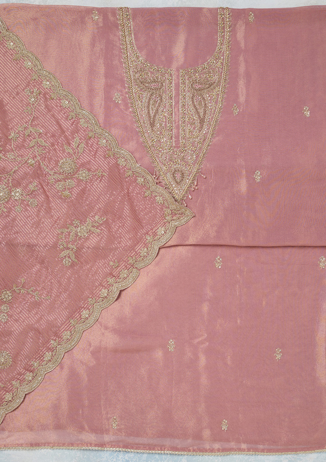 Onion Pink Zariwork (Gold) Tissue Unstitched Salwar Suit