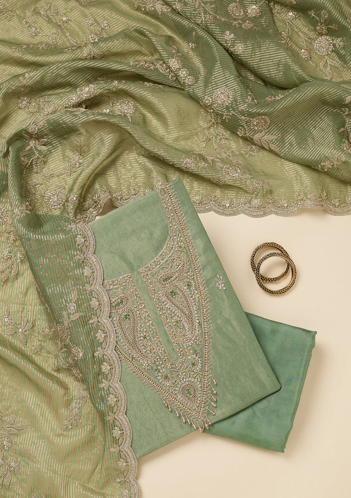 Pista Green Zariwork (Gold) Tissue Unstitched Salwar Suit