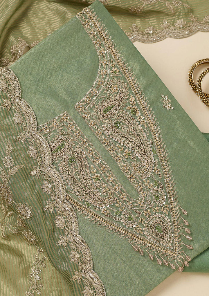 Pista Green Zariwork (Gold) Tissue Unstitched Salwar Suit