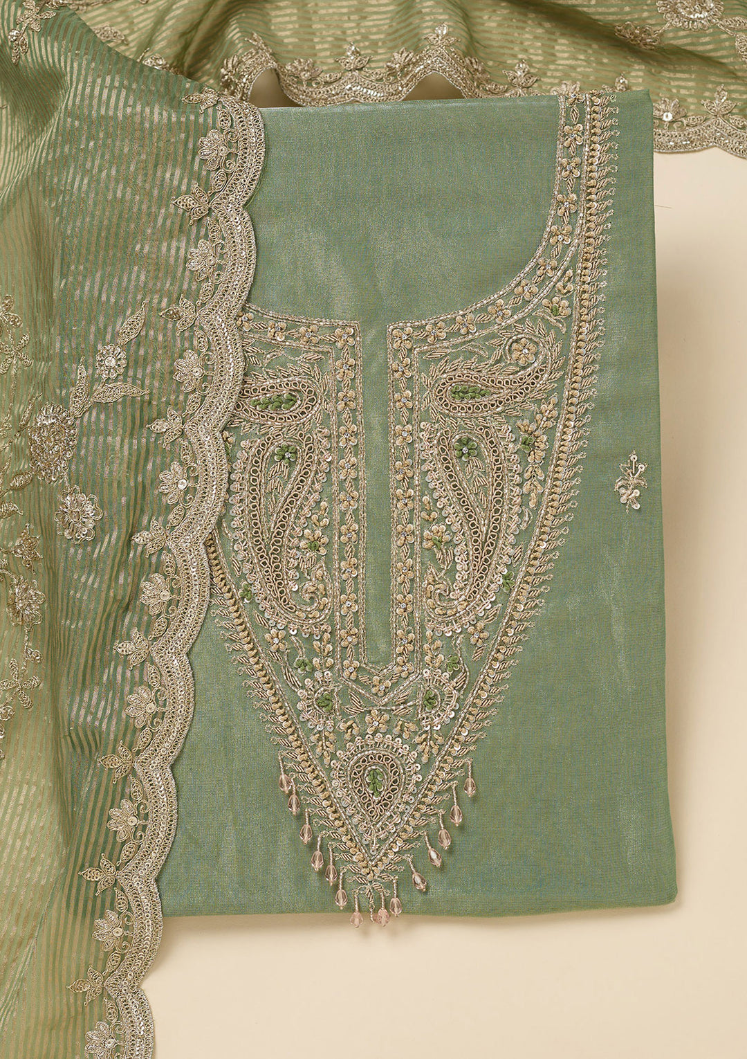 Pista Green Zariwork (Gold) Tissue Unstitched Salwar Suit