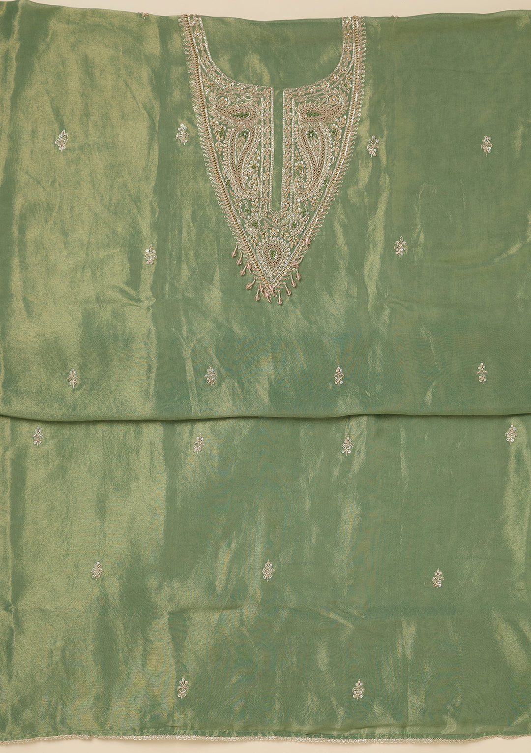 Pista Green Zariwork (Gold) Tissue Unstitched Salwar Suit