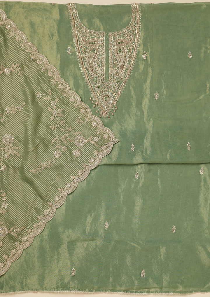 Pista Green Zariwork (Gold) Tissue Unstitched Salwar Suit
