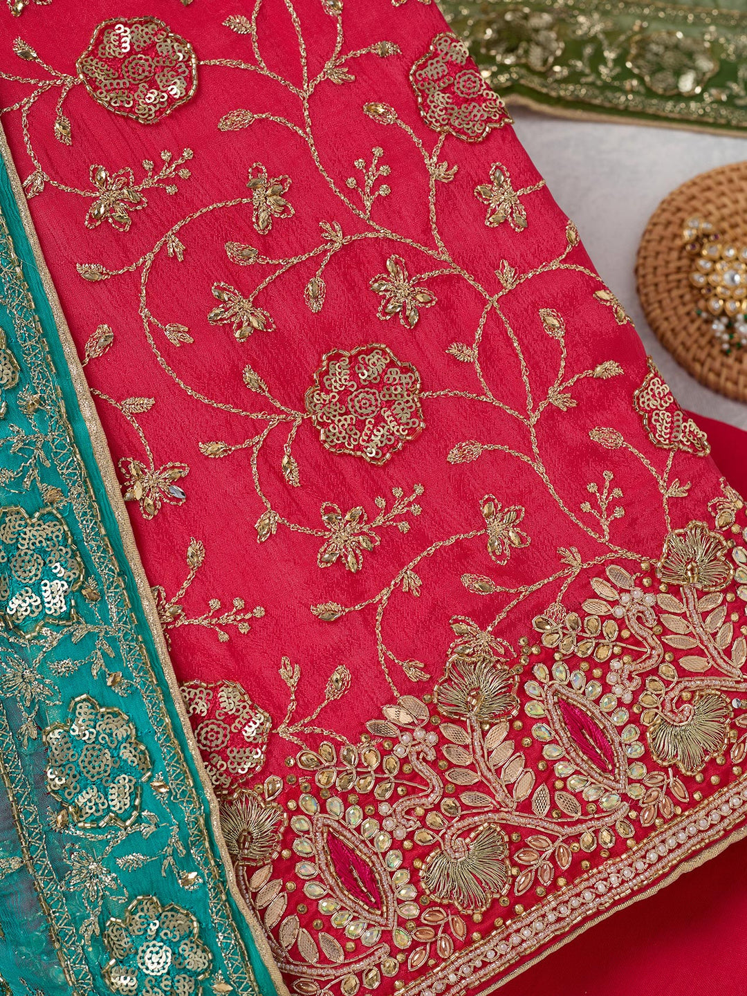 Rani Pink Zariwork Georgette Unstitched Salwar Suit