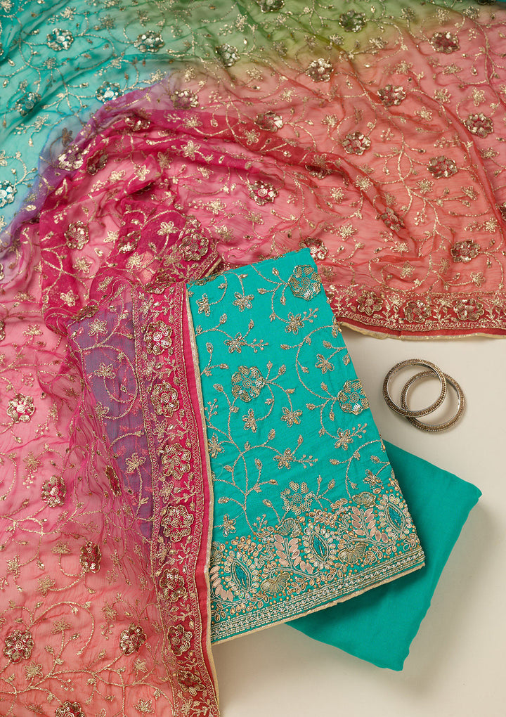 Turquoise Blue Zariwork Georgette Unstitched Salwar Suit