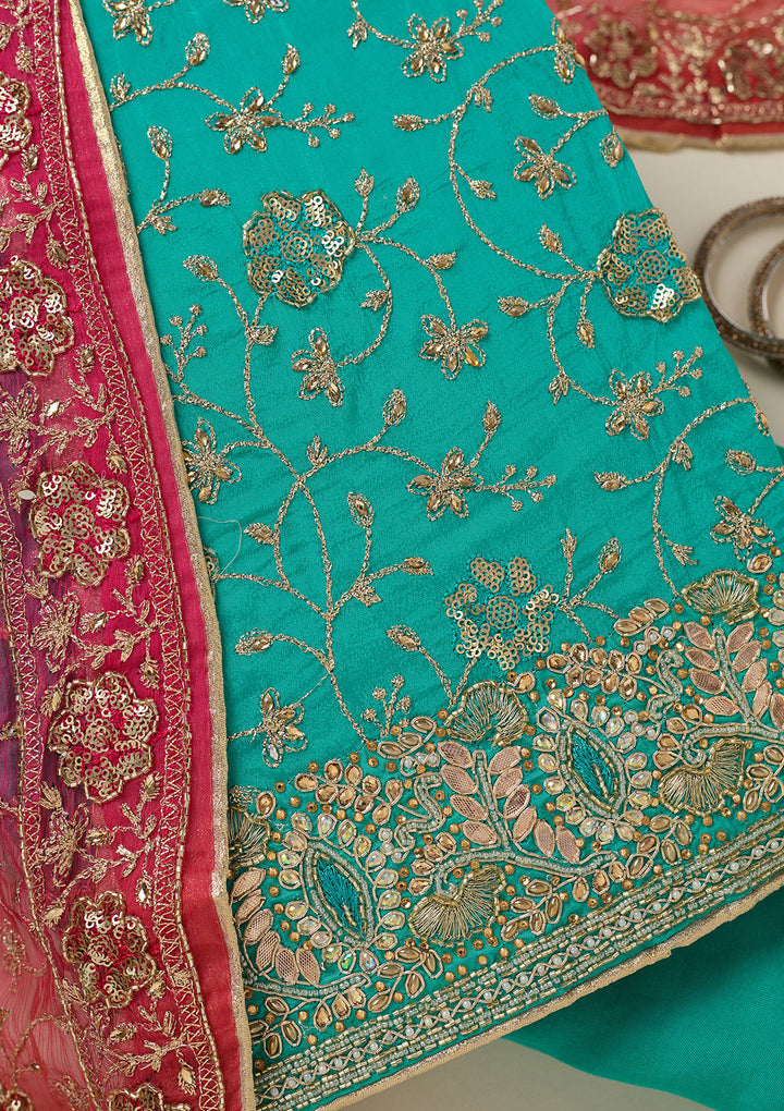 Turquoise Blue Zariwork Georgette Unstitched Salwar Suit