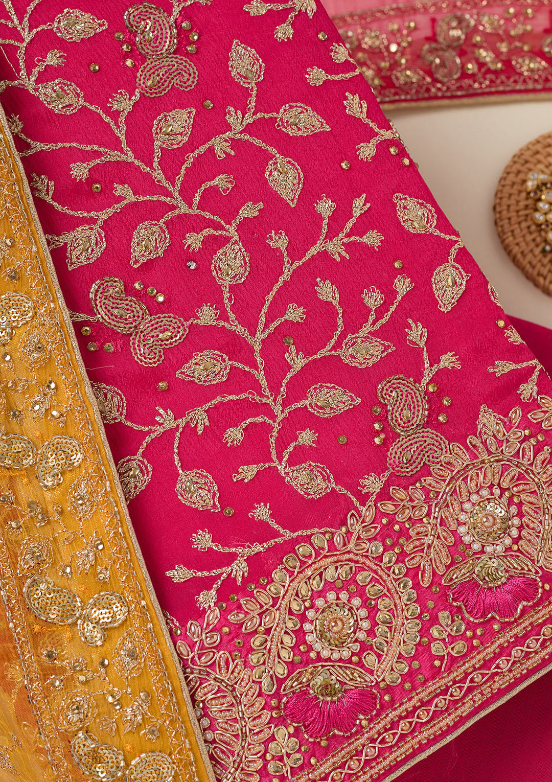 Rani Pink Zariwork Georgette Unstitched Salwar Suit