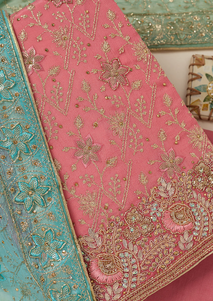 Peach Zariwork Georgette Unstitched Salwar Suit