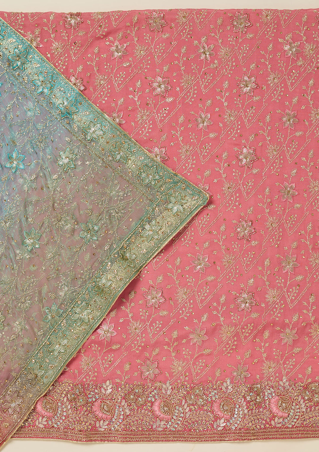 Peach Zariwork Georgette Unstitched Salwar Suit