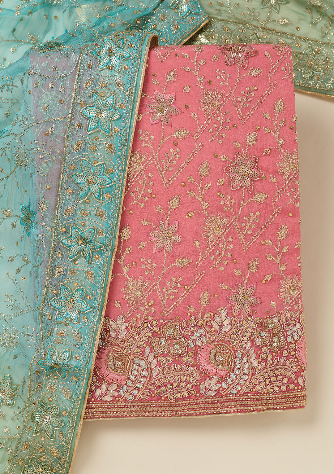 Peach Zariwork Georgette Unstitched Salwar Suit