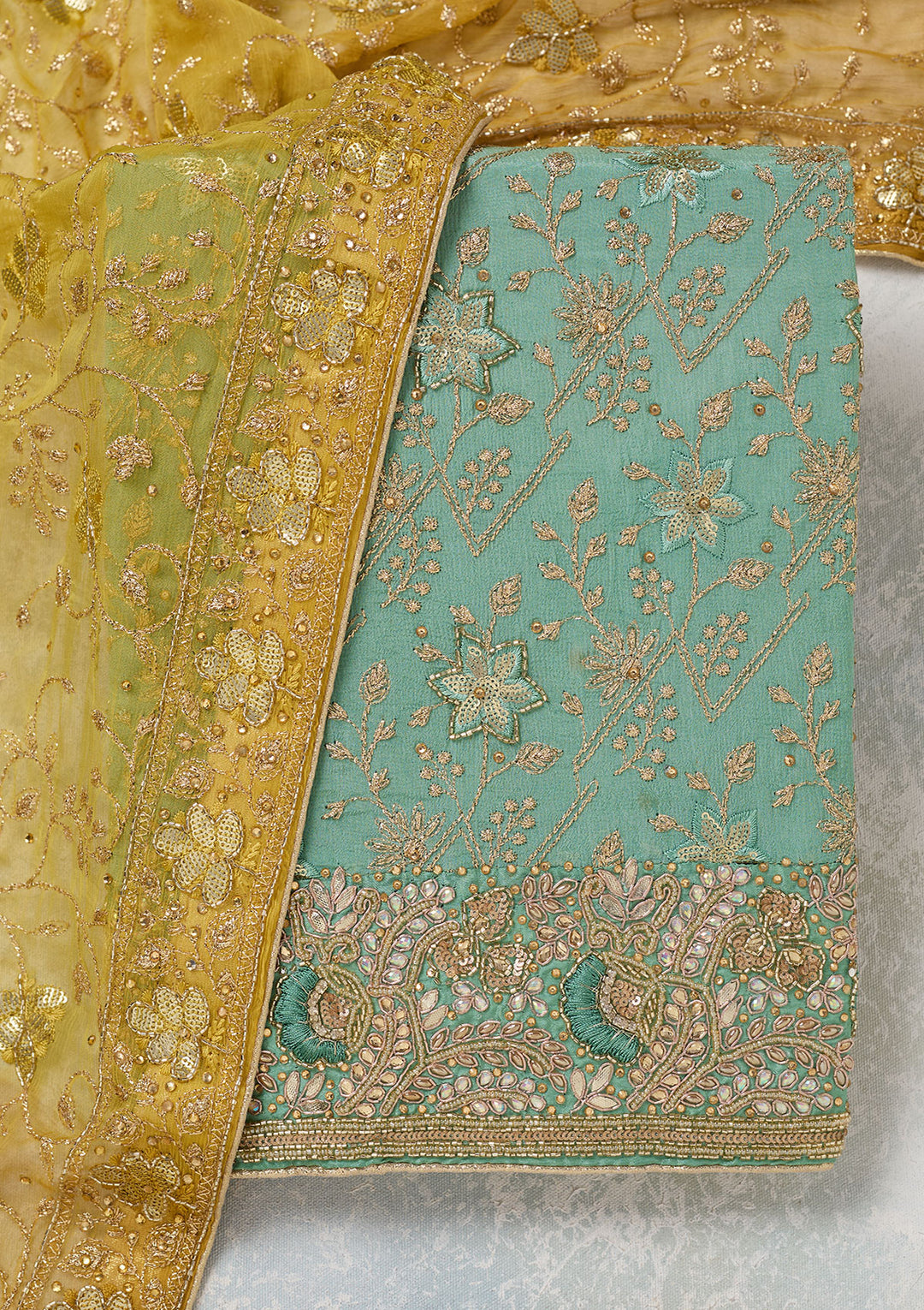 Sea Green Zariwork Georgette Unstitched Salwar Suit