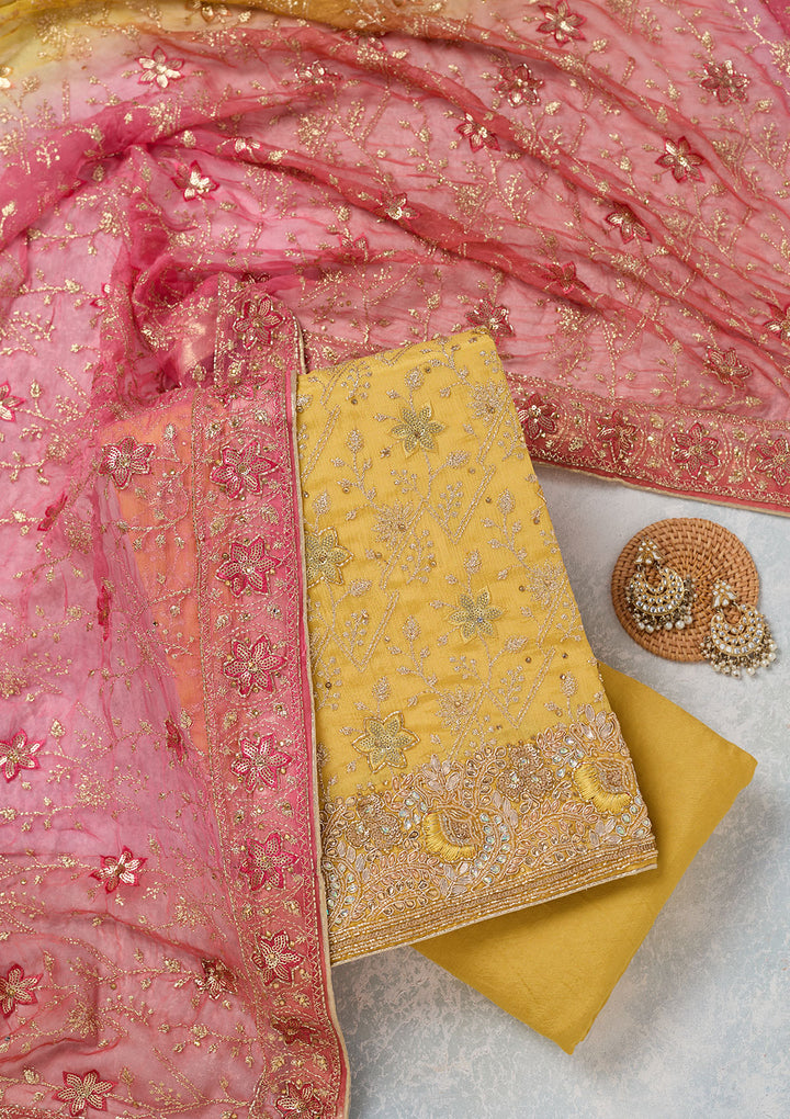 Yellow Zariwork Georgette Unstitched Salwar Suit