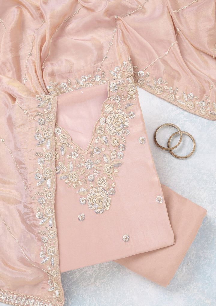 Pink Aariwork Semi Crepe Unstitched Salwar Suit