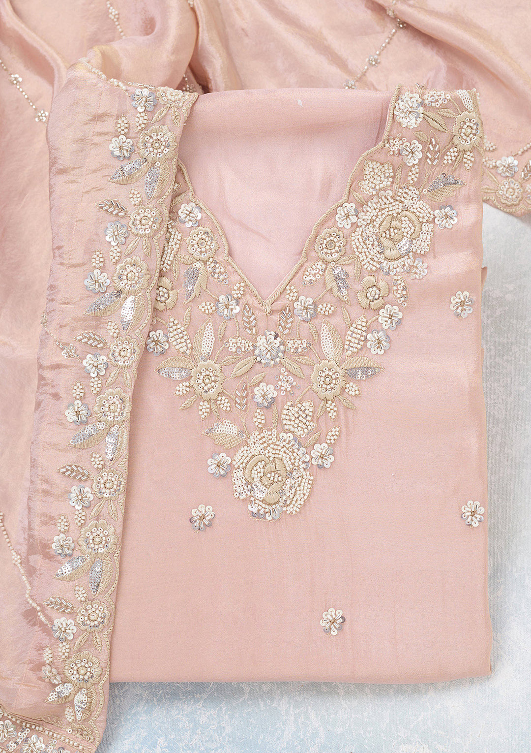Pink Aariwork Semi Crepe Unstitched Salwar Suit