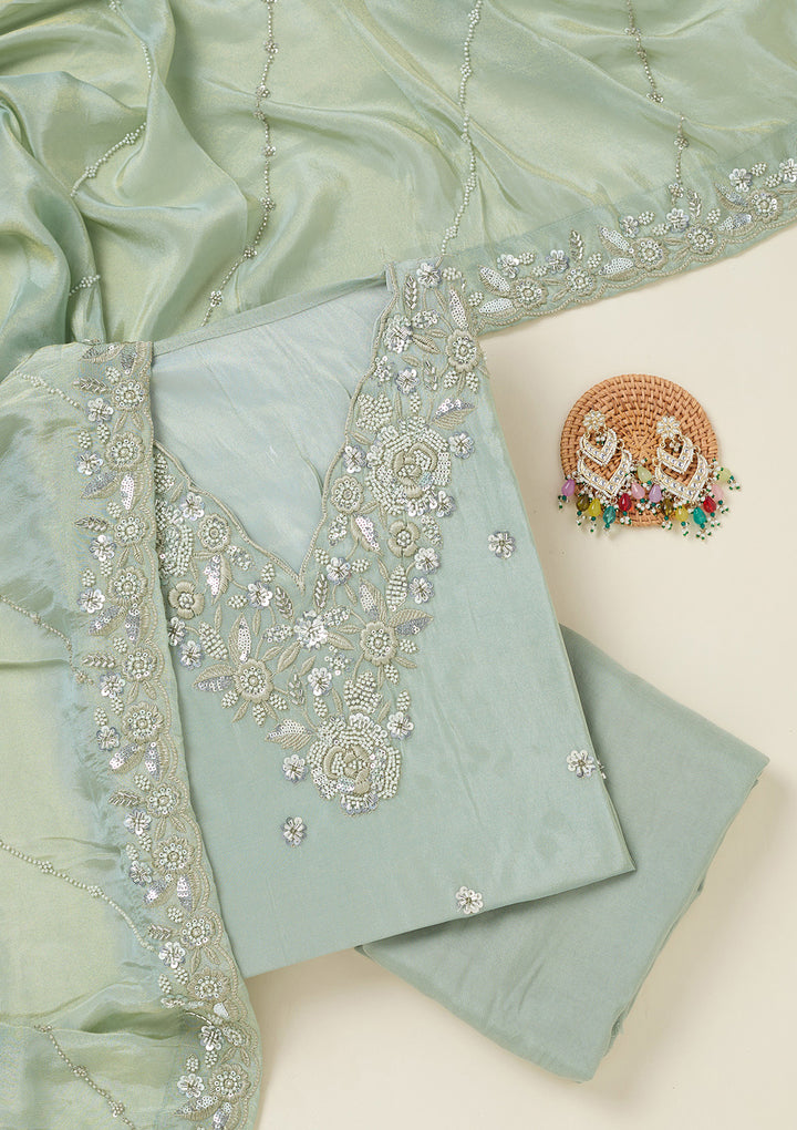 Sea Green Aariwork Semi Crepe Unstitched Salwar Suit