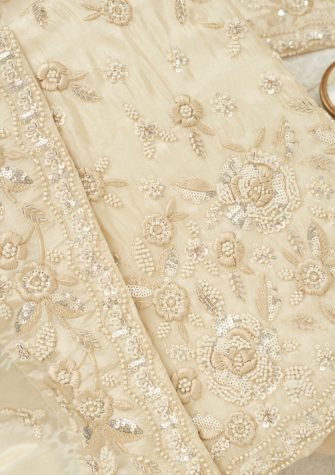 Cream Silver Stonework Tissue Unstitched Salwar Suit