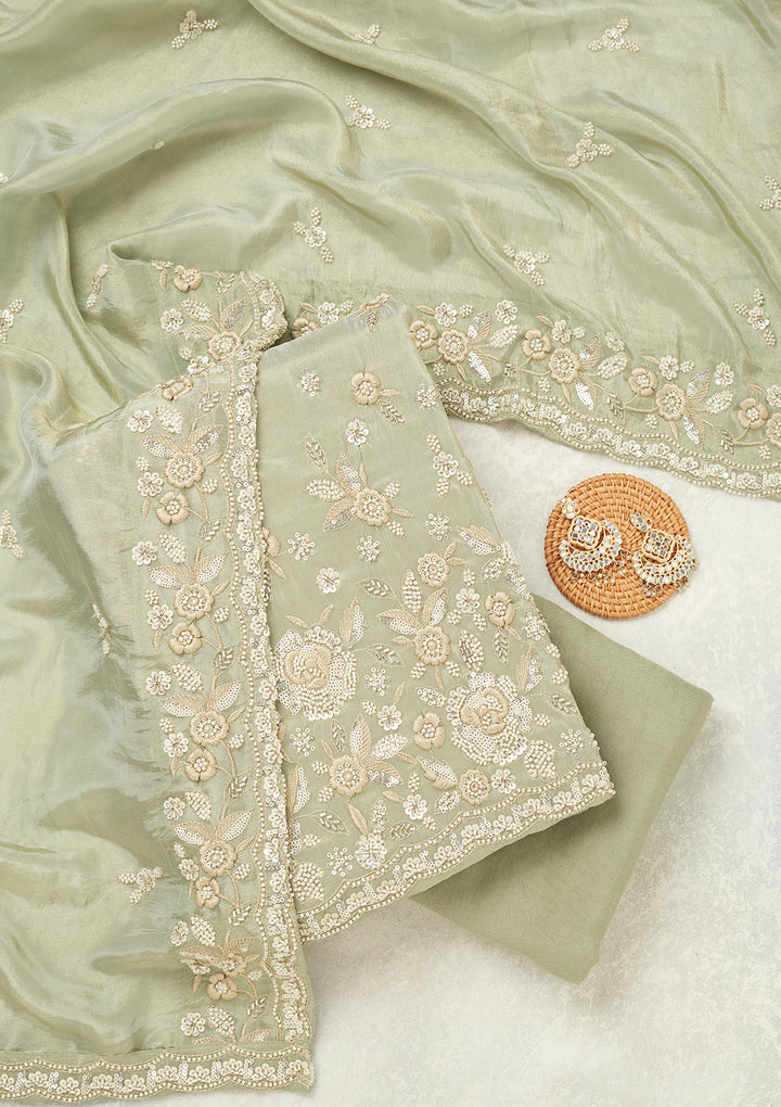 Sea Green Silver Stonework Tissue Unstitched Salwar Suit