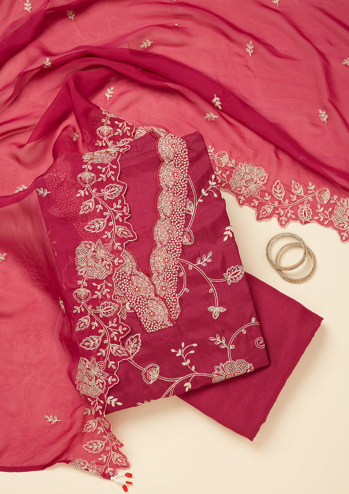 Wine Zariwork (Gold) Chinon Unstitched Salwar Suit