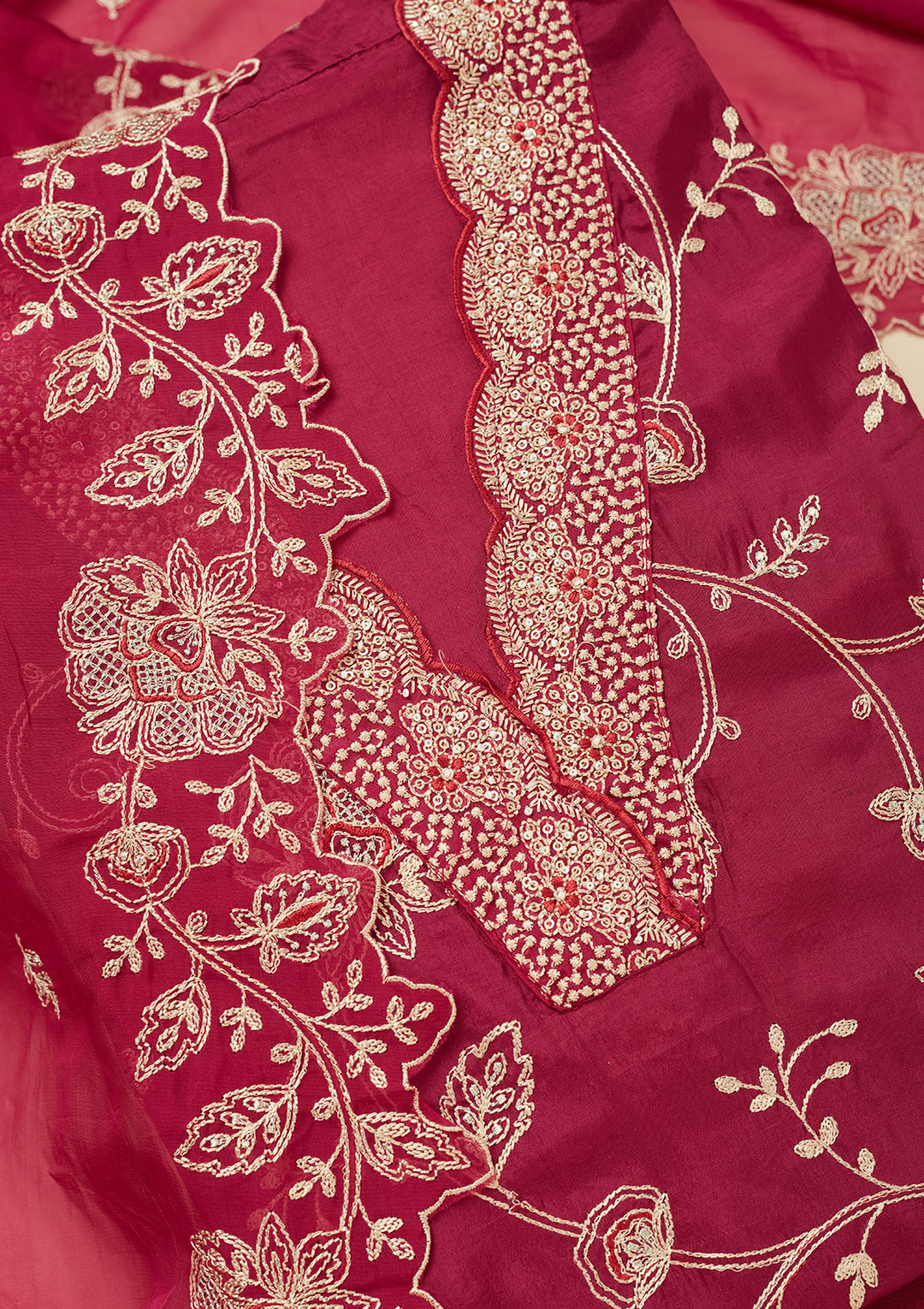Wine Zariwork (Gold) Chinon Unstitched Salwar Suit