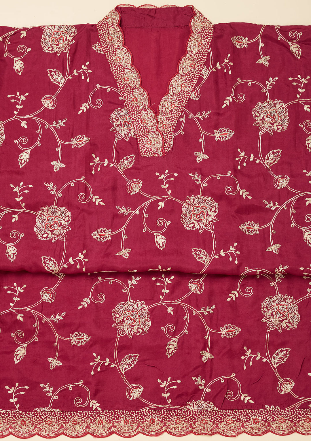 Wine Zariwork (Gold) Chinon Unstitched Salwar Suit