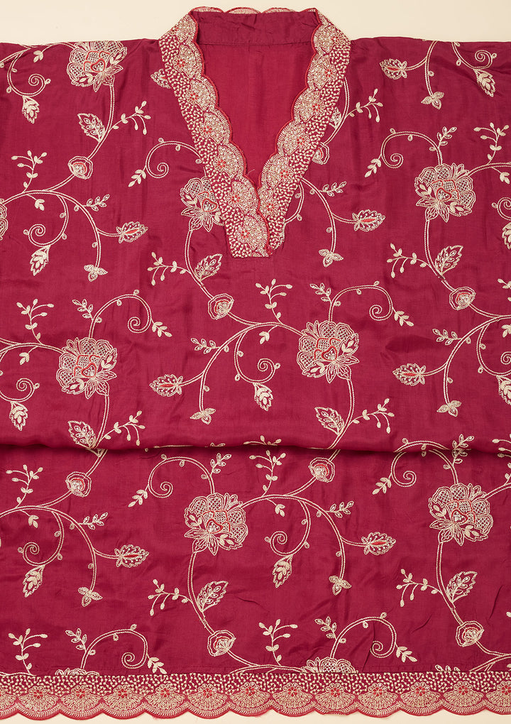 Wine Zariwork (Gold) Chinon Unstitched Salwar Suit