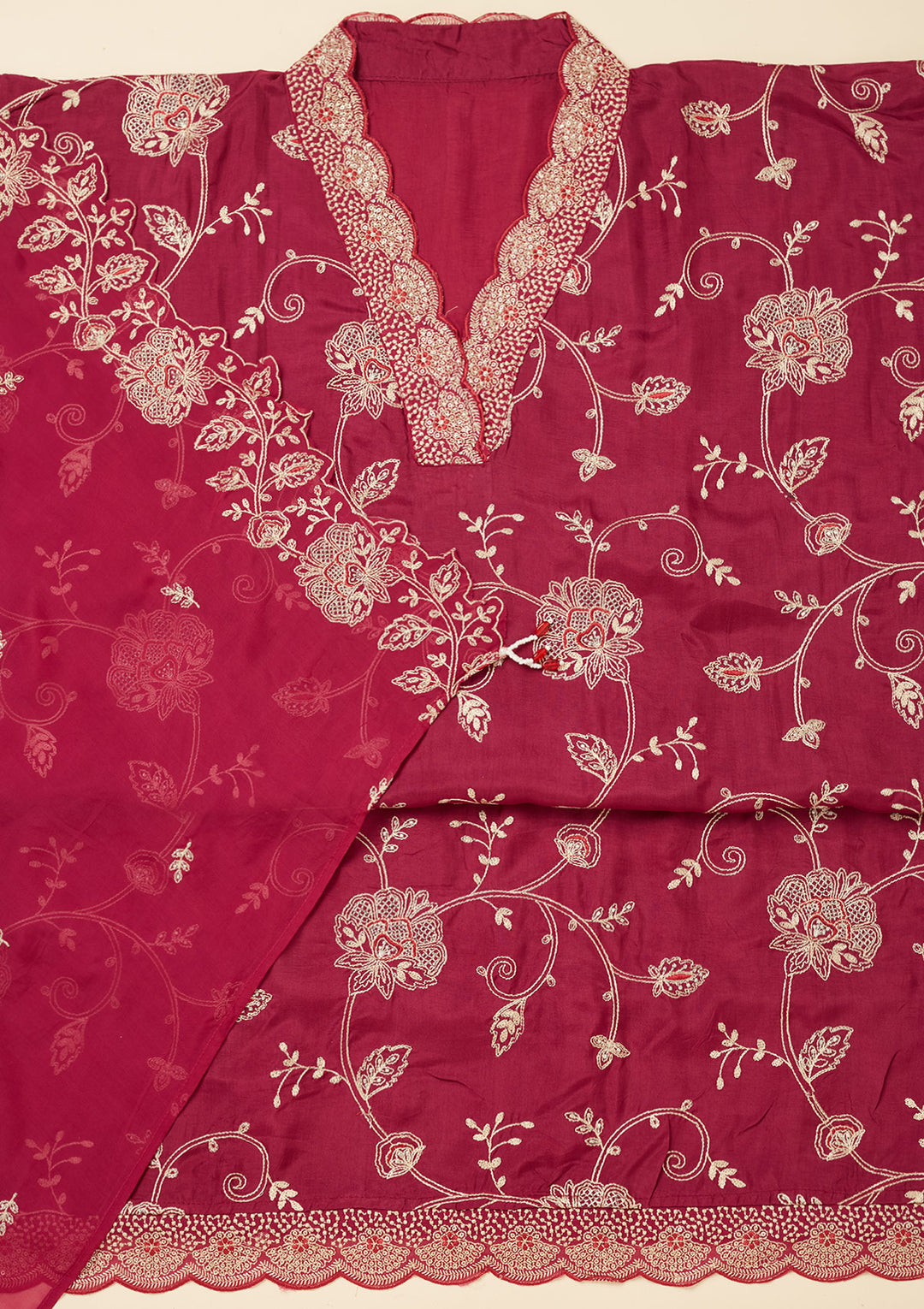 Wine Zariwork (Gold) Chinon Unstitched Salwar Suit