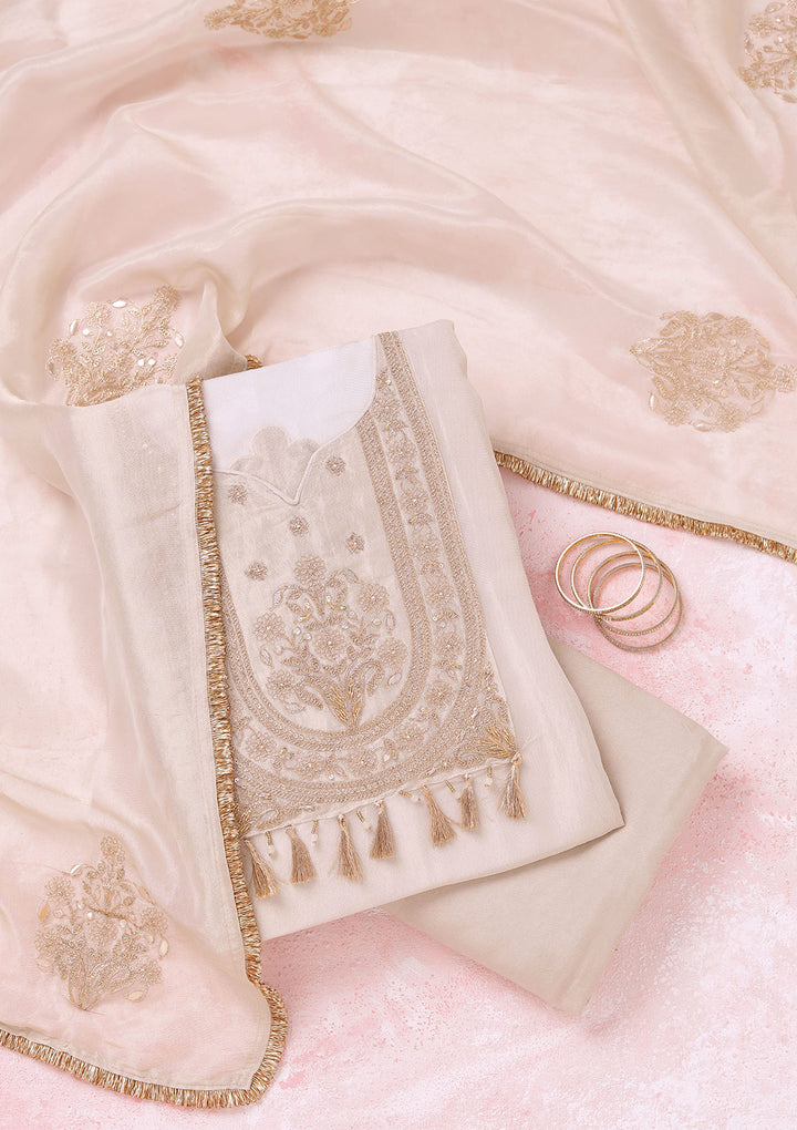Beige Zariwork (Gold) Tissue Unstitched Salwar Suit