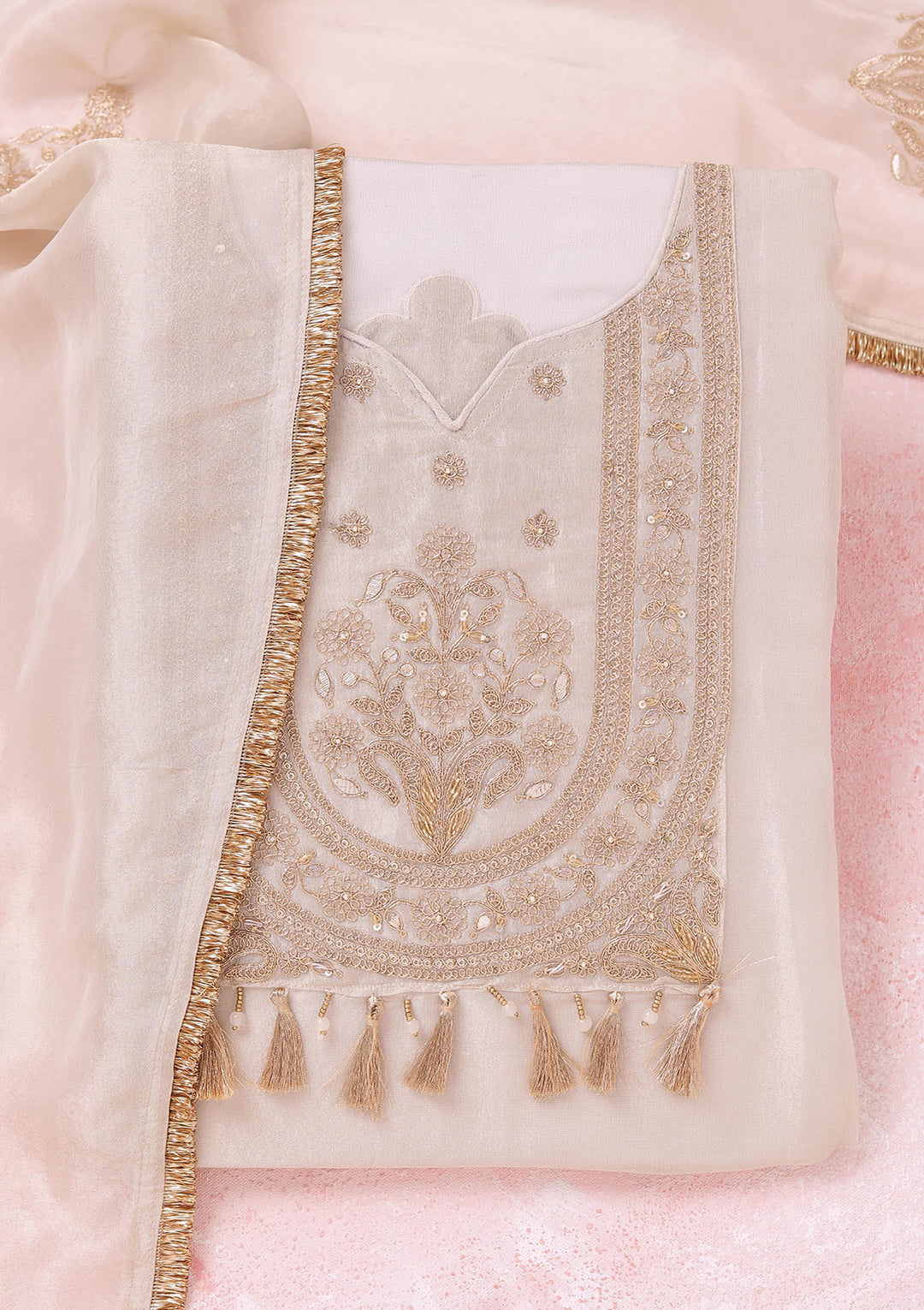 Beige Zariwork (Gold) Tissue Unstitched Salwar Suit