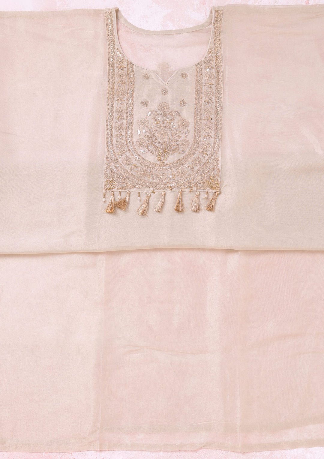 Beige Zariwork (Gold) Tissue Unstitched Salwar Suit