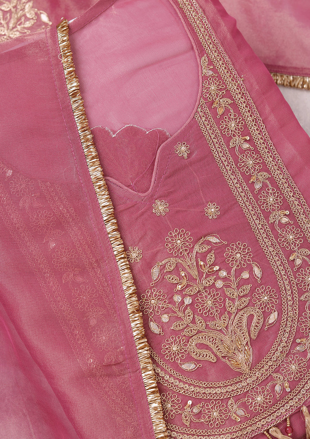 Onion Pink Zariwork (Gold) Tissue Unstitched Salwar Suit