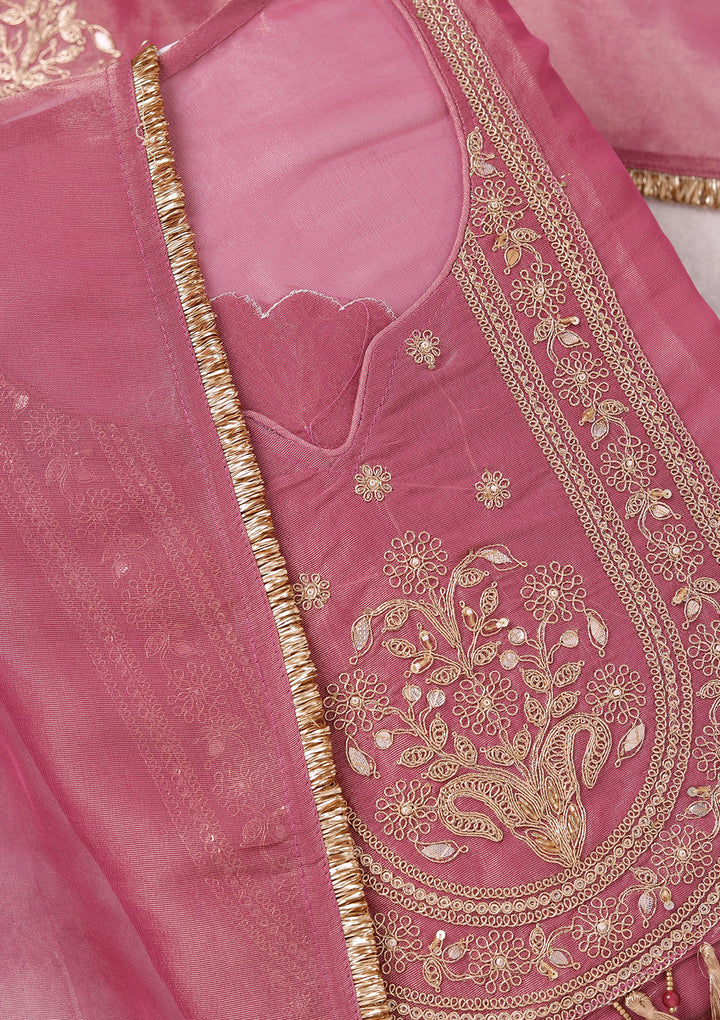 Onion Pink Zariwork (Gold) Tissue Unstitched Salwar Suit
