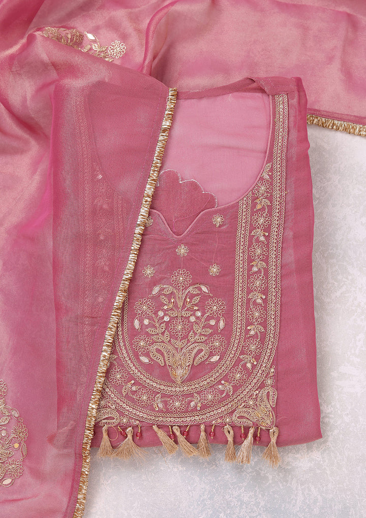 Onion Pink Zariwork (Gold) Tissue Unstitched Salwar Suit