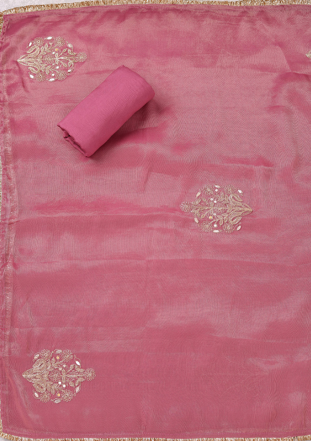 Onion Pink Zariwork (Gold) Tissue Unstitched Salwar Suit