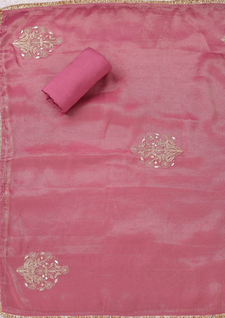 Onion Pink Zariwork (Gold) Tissue Unstitched Salwar Suit