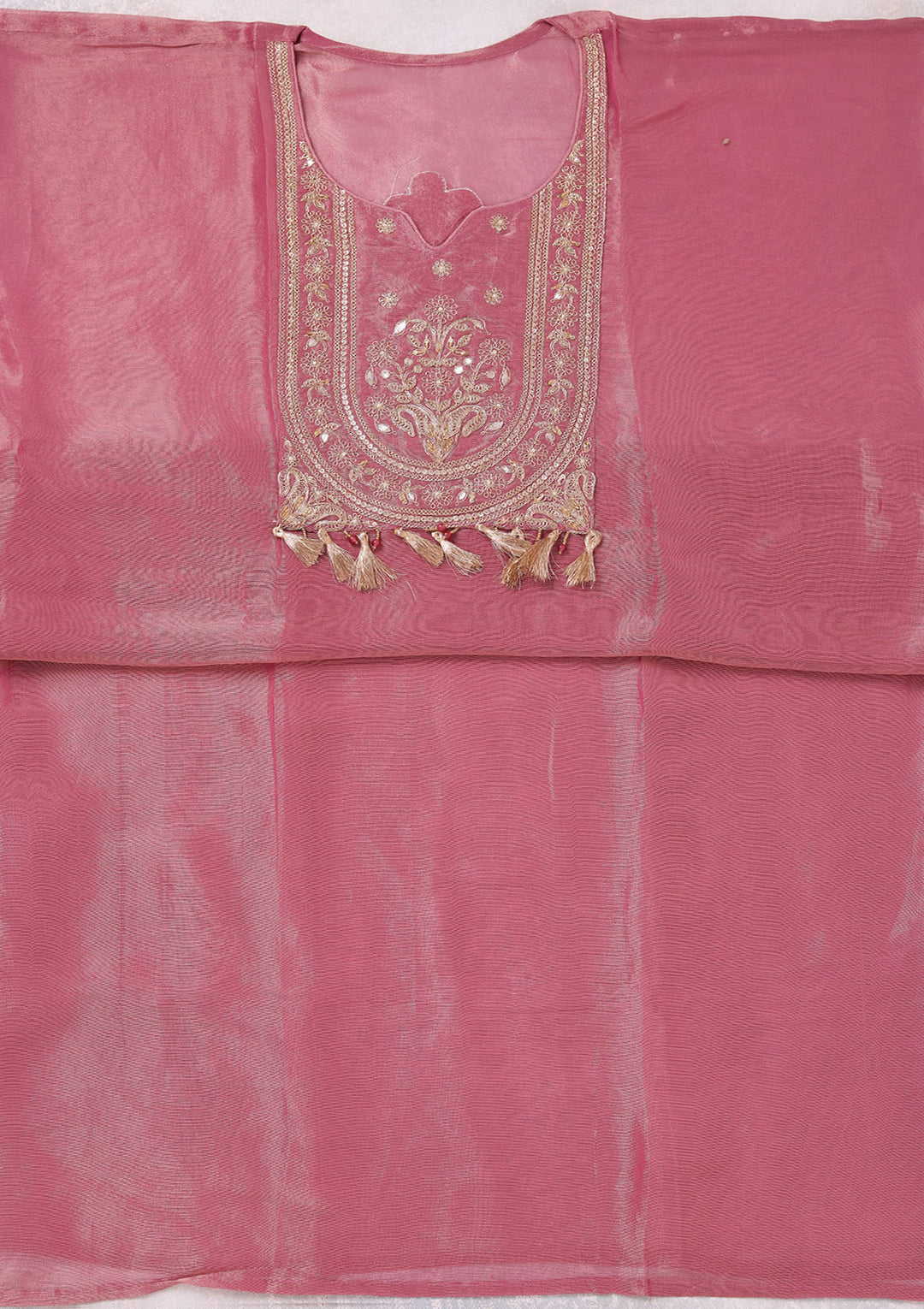 Onion Pink Zariwork (Gold) Tissue Unstitched Salwar Suit