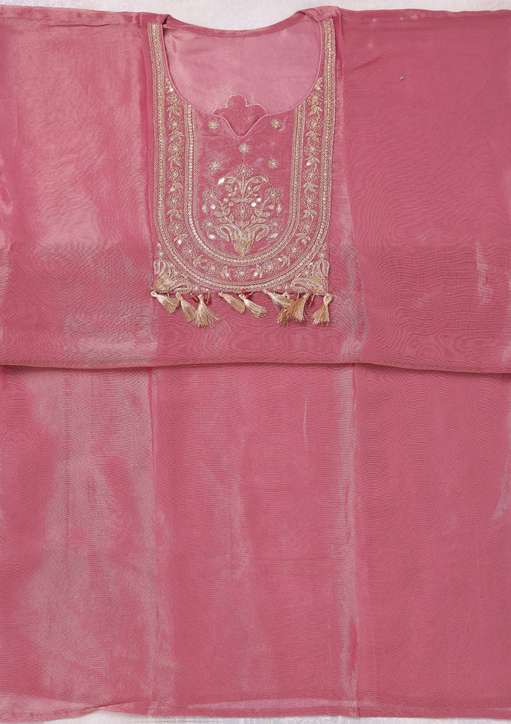 Onion Pink Zariwork (Gold) Tissue Unstitched Salwar Suit