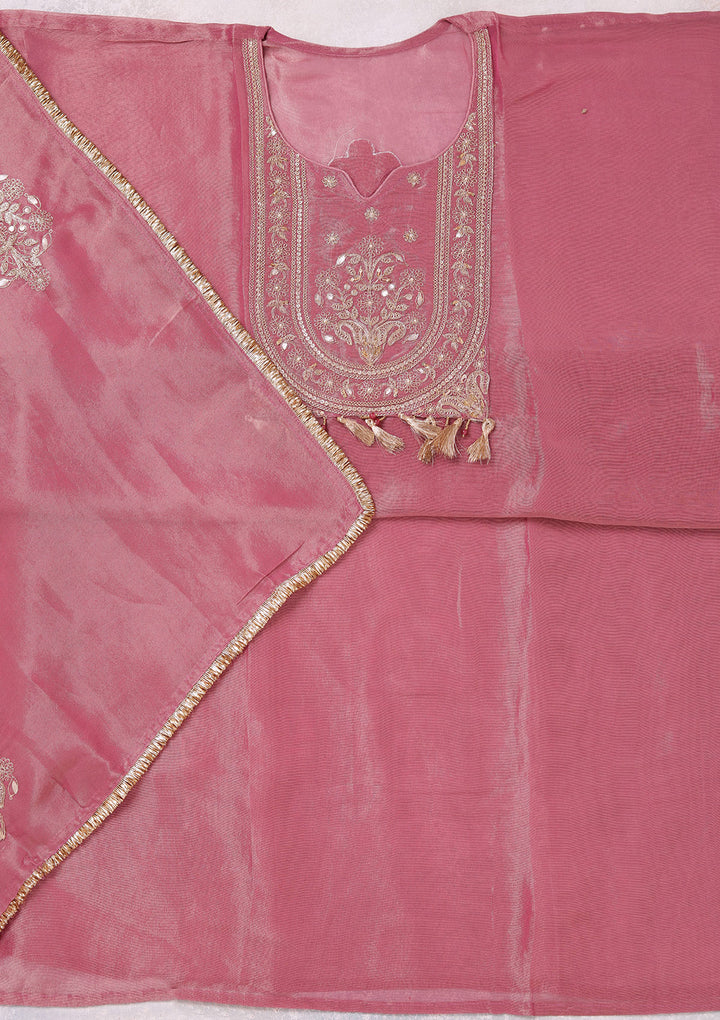 Onion Pink Zariwork (Gold) Tissue Unstitched Salwar Suit