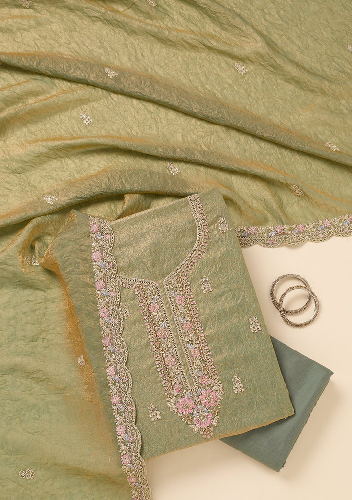 Pista Green Aariwork Tissue Unstitched Salwar Suit