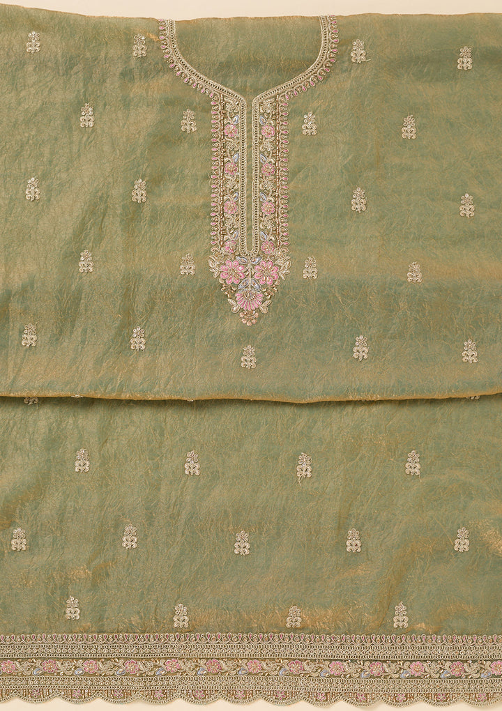 Pista Green Aariwork Tissue Unstitched Salwar Suit
