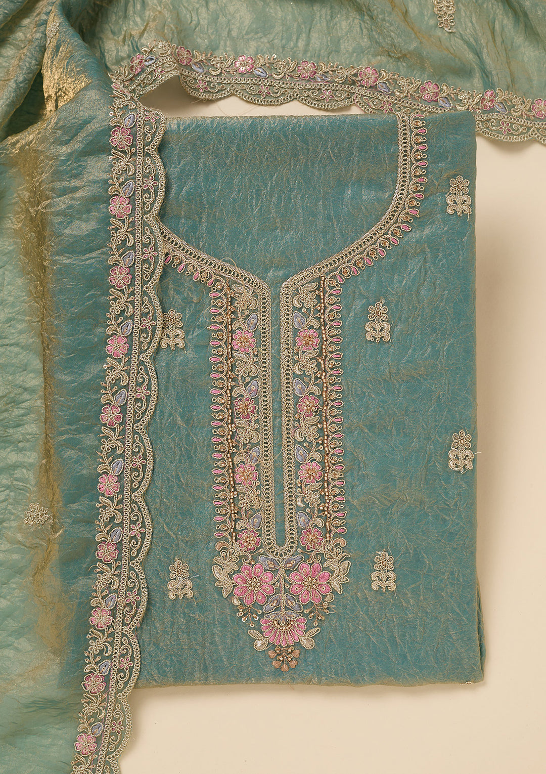 Sea Green Aariwork Tissue Unstitched Salwar Suit