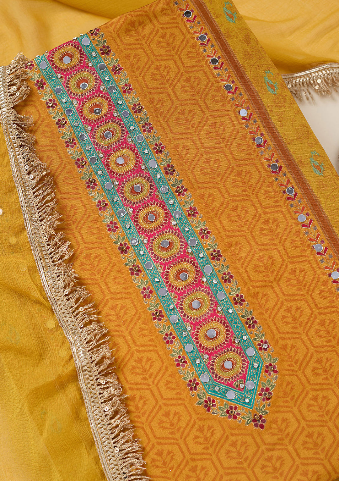 Mustard Zariwork Dola Silk Unstitched Salwar Suit